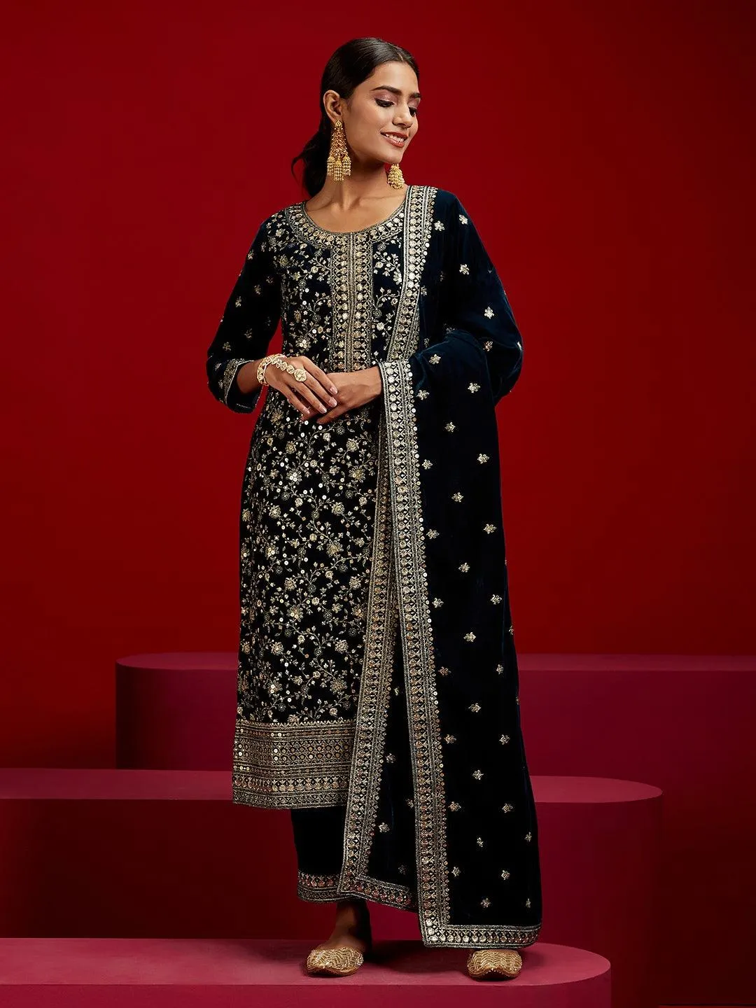Jashvi Art Teal Embroidered Velvet Straight Suit With Dupatta