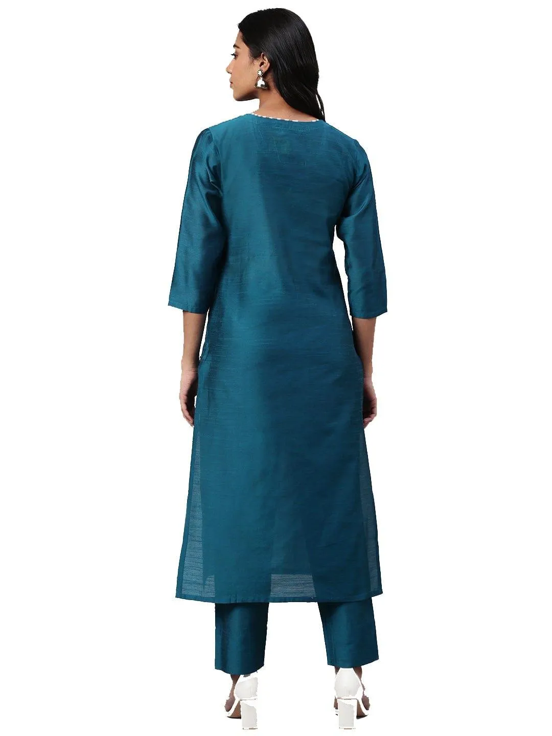 KSUT Teal Blue & Golden Yoke Design Kurta with Trousers