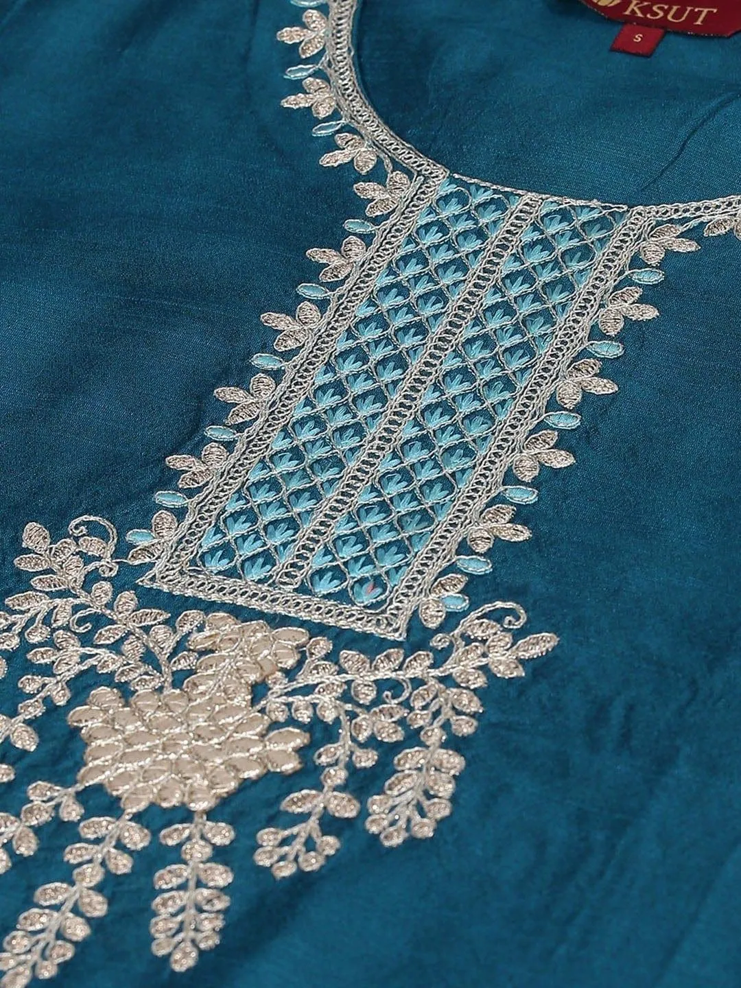 KSUT Teal Blue & Golden Yoke Design Kurta with Trousers