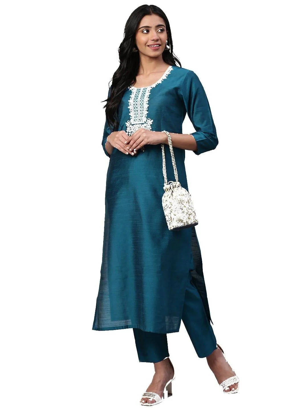 KSUT Teal Blue & Golden Yoke Design Kurta with Trousers