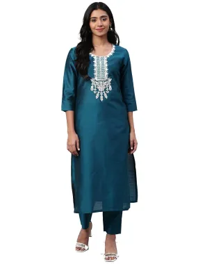 KSUT Teal Blue & Golden Yoke Design Kurta with Trousers