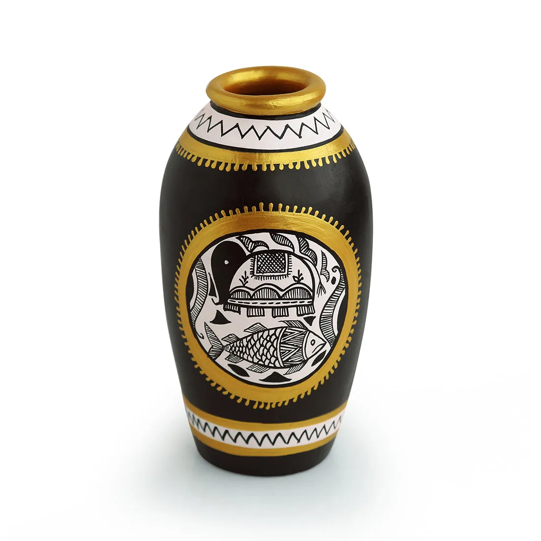 Madhubani Handpainted Terracotta 'Long & Tapered' Vase (6 Inch)