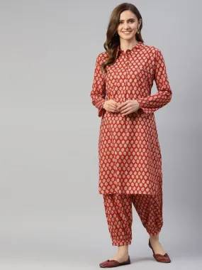 Maroon Cotton Shirt Style Kurta Hem Cuffed Pant Co-Ord Set