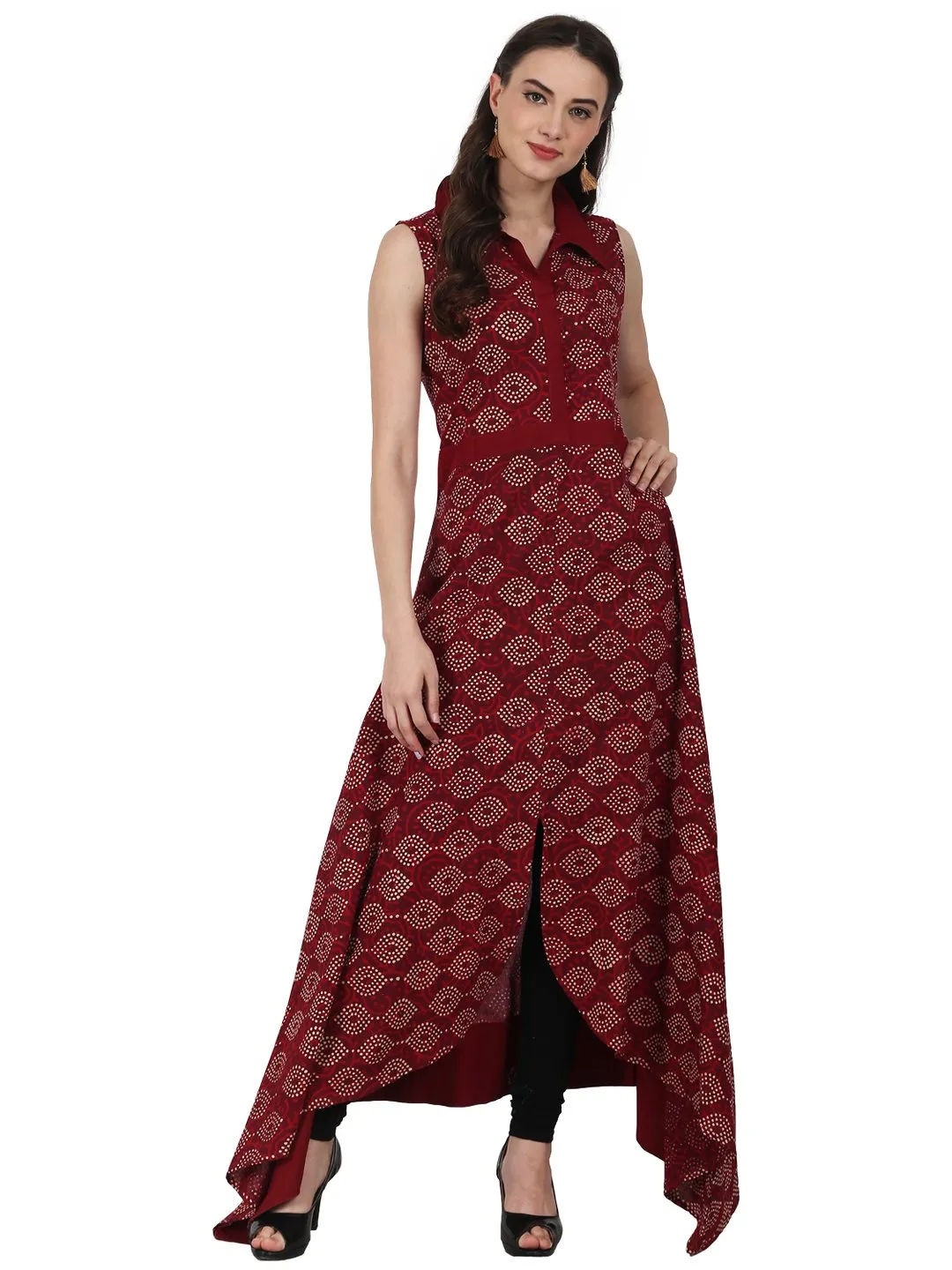 Maroon Printed Sleevless Assymetric Cotton A-Line Kurta