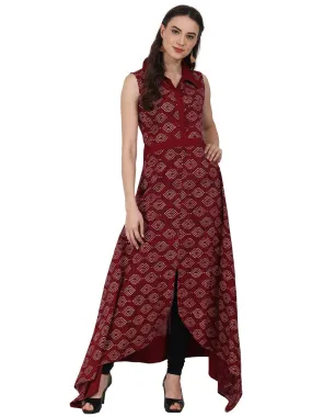 Maroon Printed Sleevless Assymetric Cotton A-Line Kurta