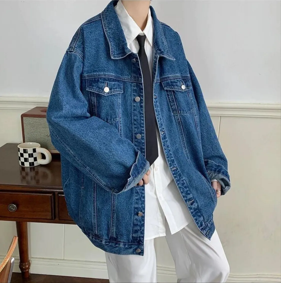 Men Flap Pocket Drop Shoulder Retro Denim Jacket  Streetwear Korean Style Fashion Trend Denim Jacket