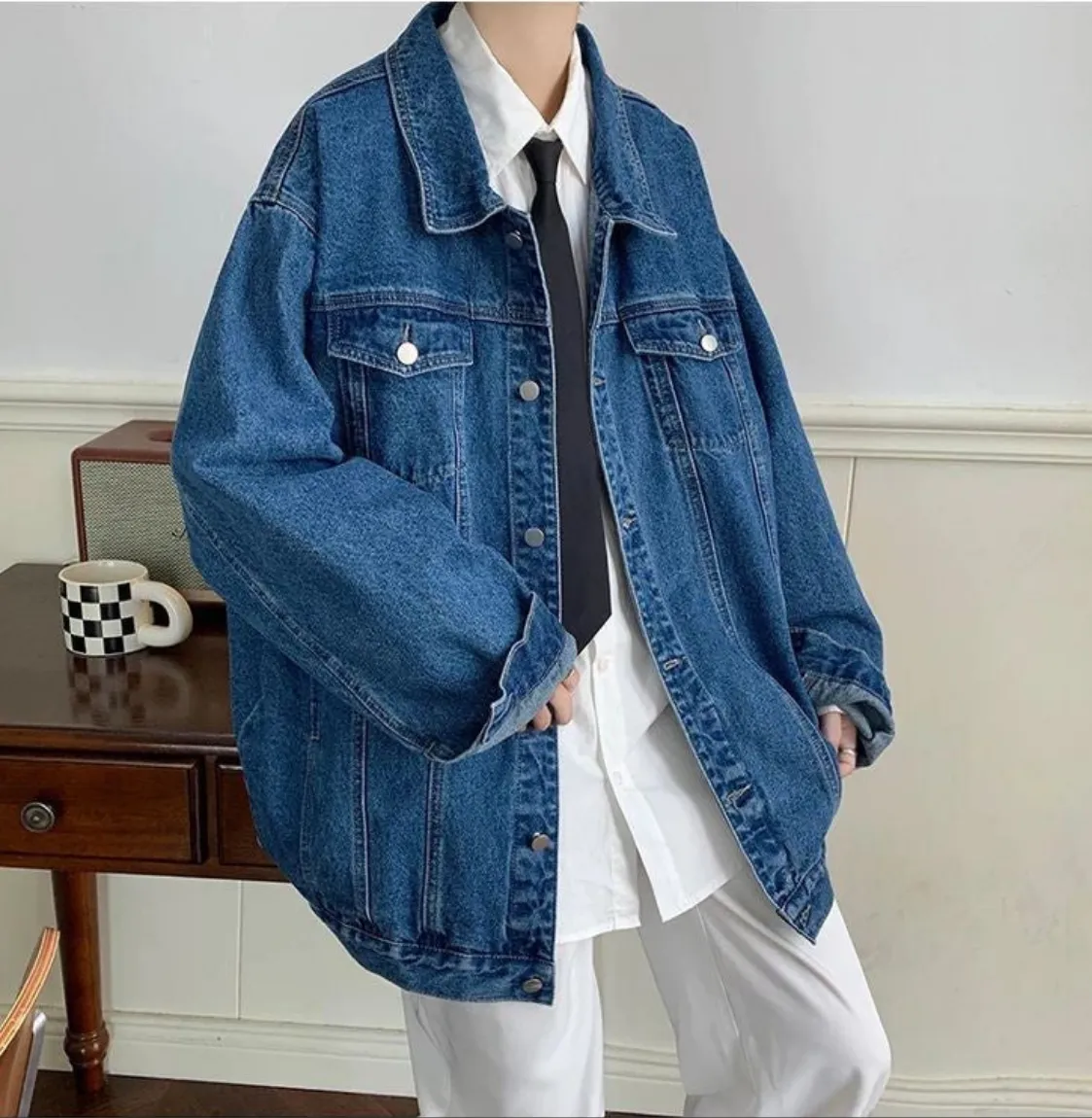 Men Flap Pocket Drop Shoulder Retro Denim Jacket  Streetwear Korean Style Fashion Trend Denim Jacket