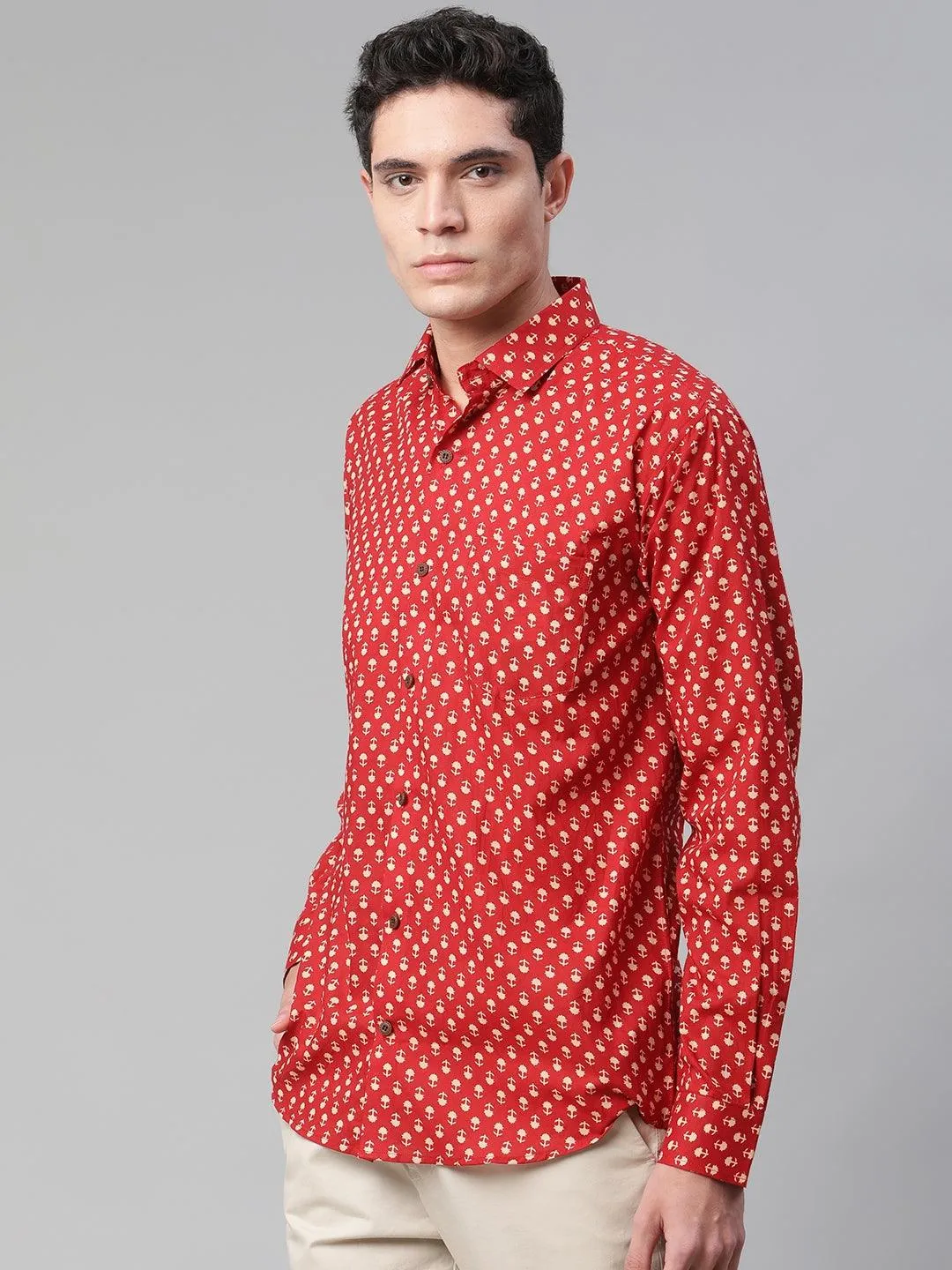 Millennial Men Red & Peach Cotton  Full Sleeve  Shirt For Men-Mmf0268