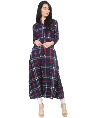 Navy Blue Check Printed 3/4Th Sleeve Crepe A-Line Kurta