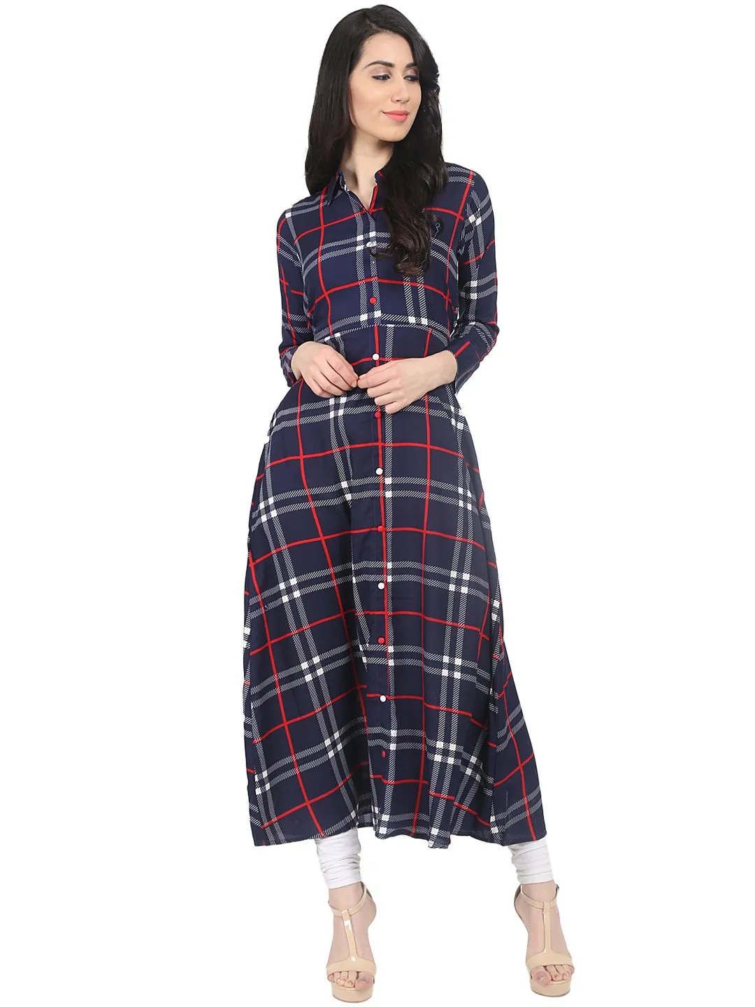 Navy Blue Check Printed 3/4Th Sleeve Crepe A-Line Kurta