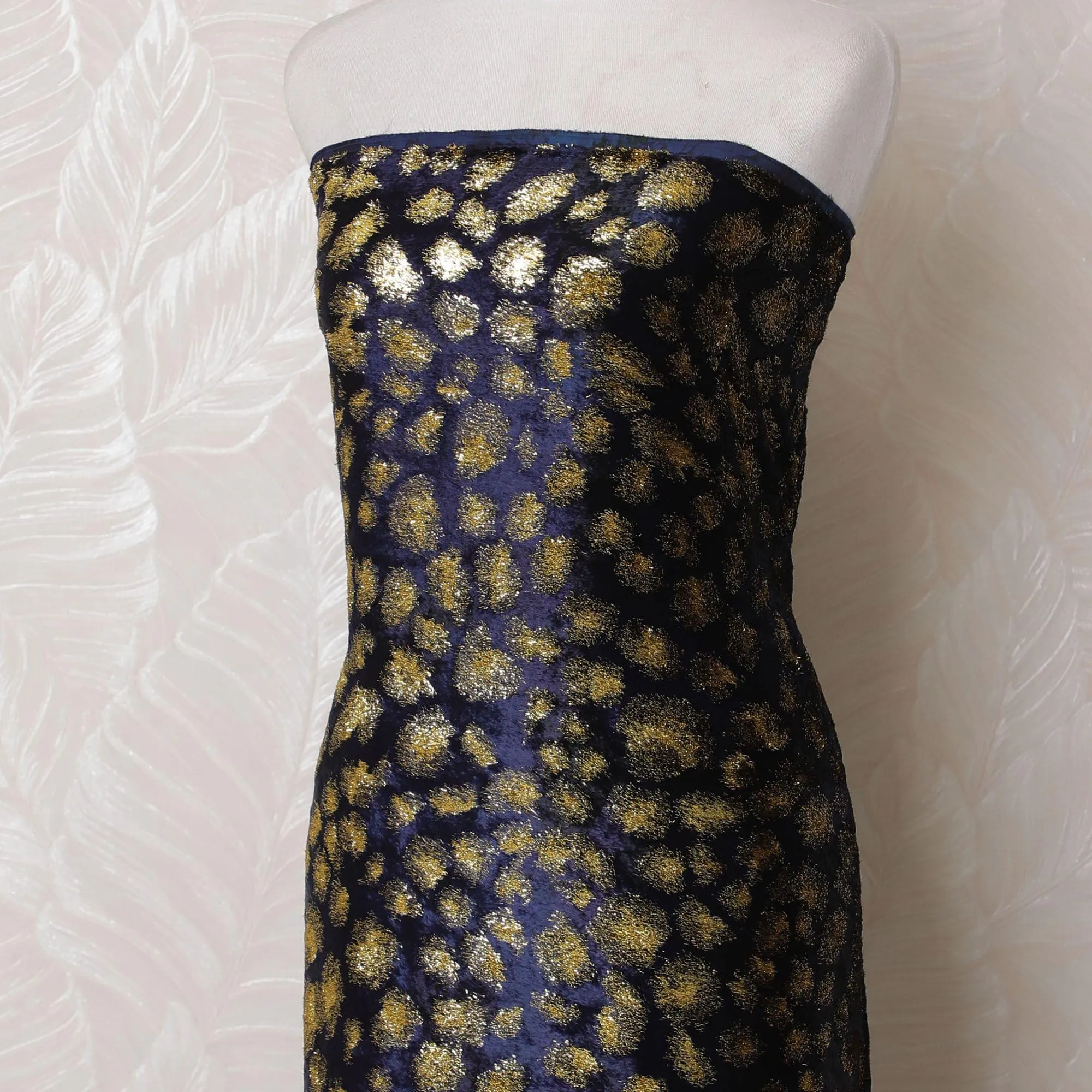 Navy blue silk blended velvet fabric with gold metallic lurex in fancy design-D16042