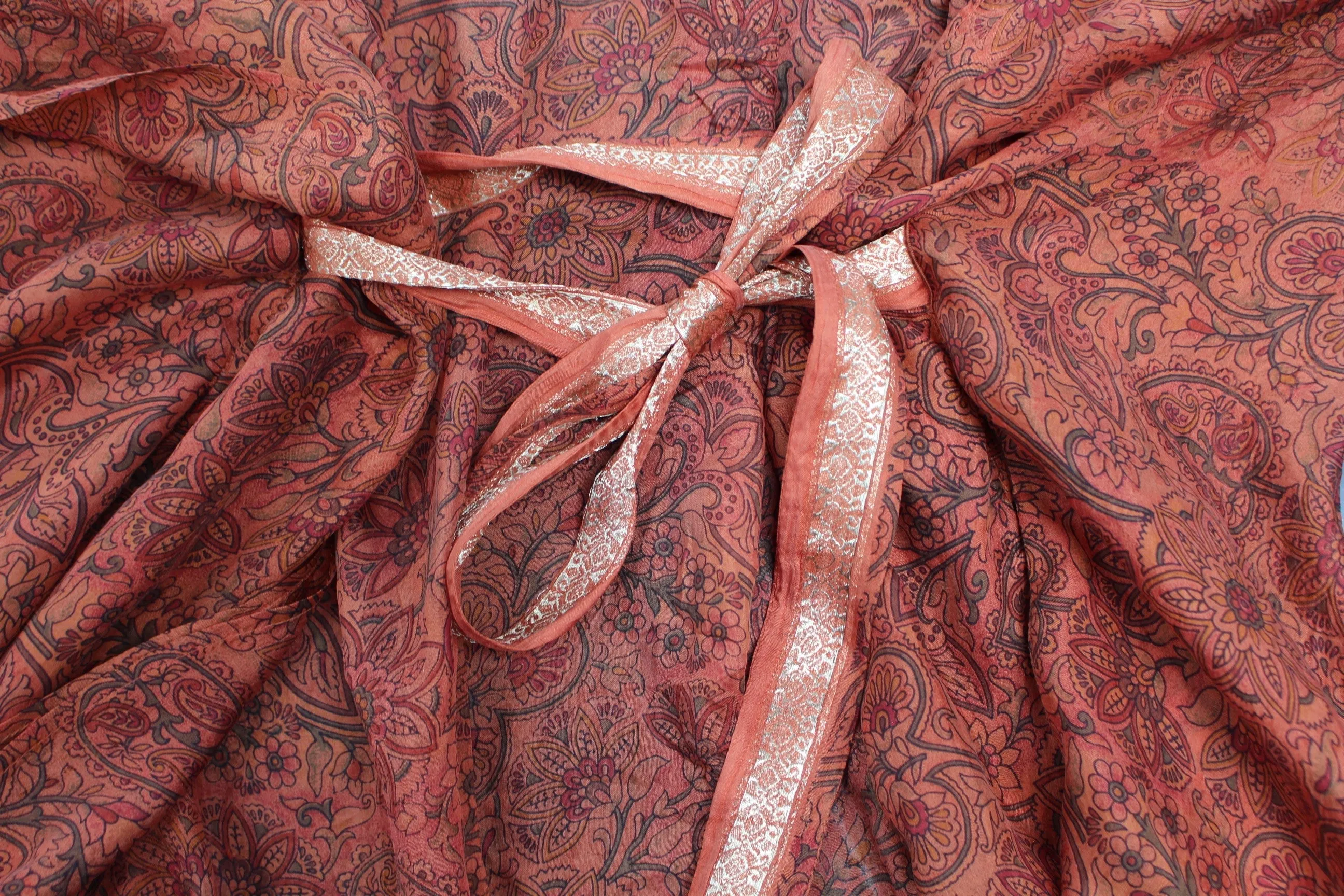Neem - Vintage Silk Sari Ochre Paisley Print Kimono Style Wrap Dress
