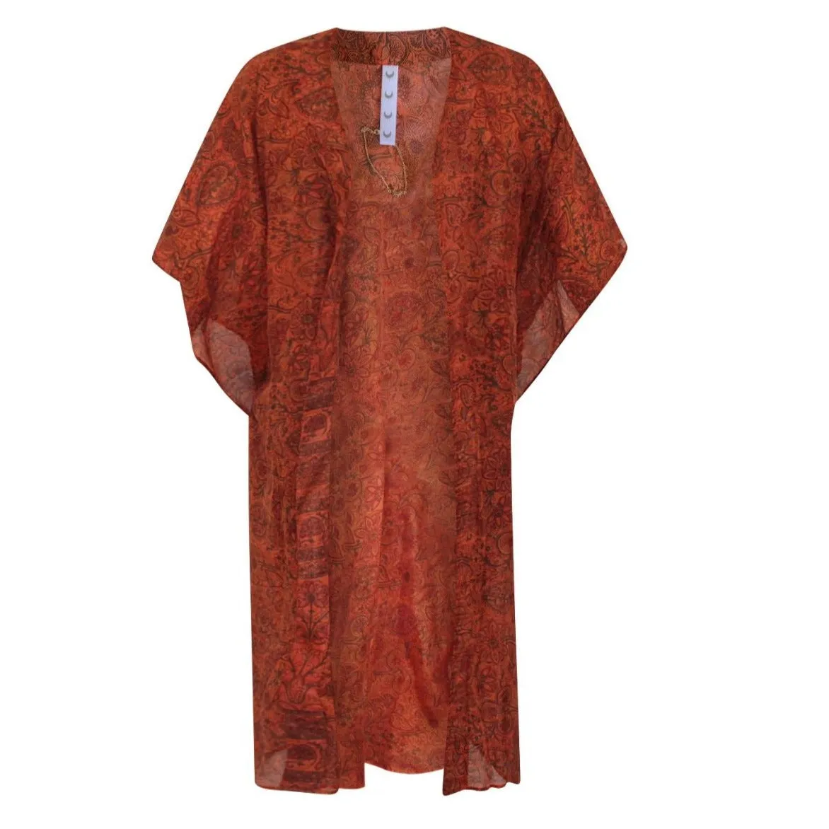 Neem - Vintage Silk Sari Ochre Paisley Print Kimono Style Wrap Dress