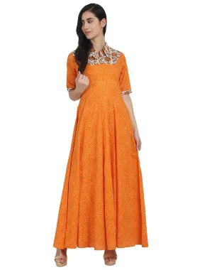 Orange Printed Half Sleeve Cotton Floor Length Anarkali Kurta