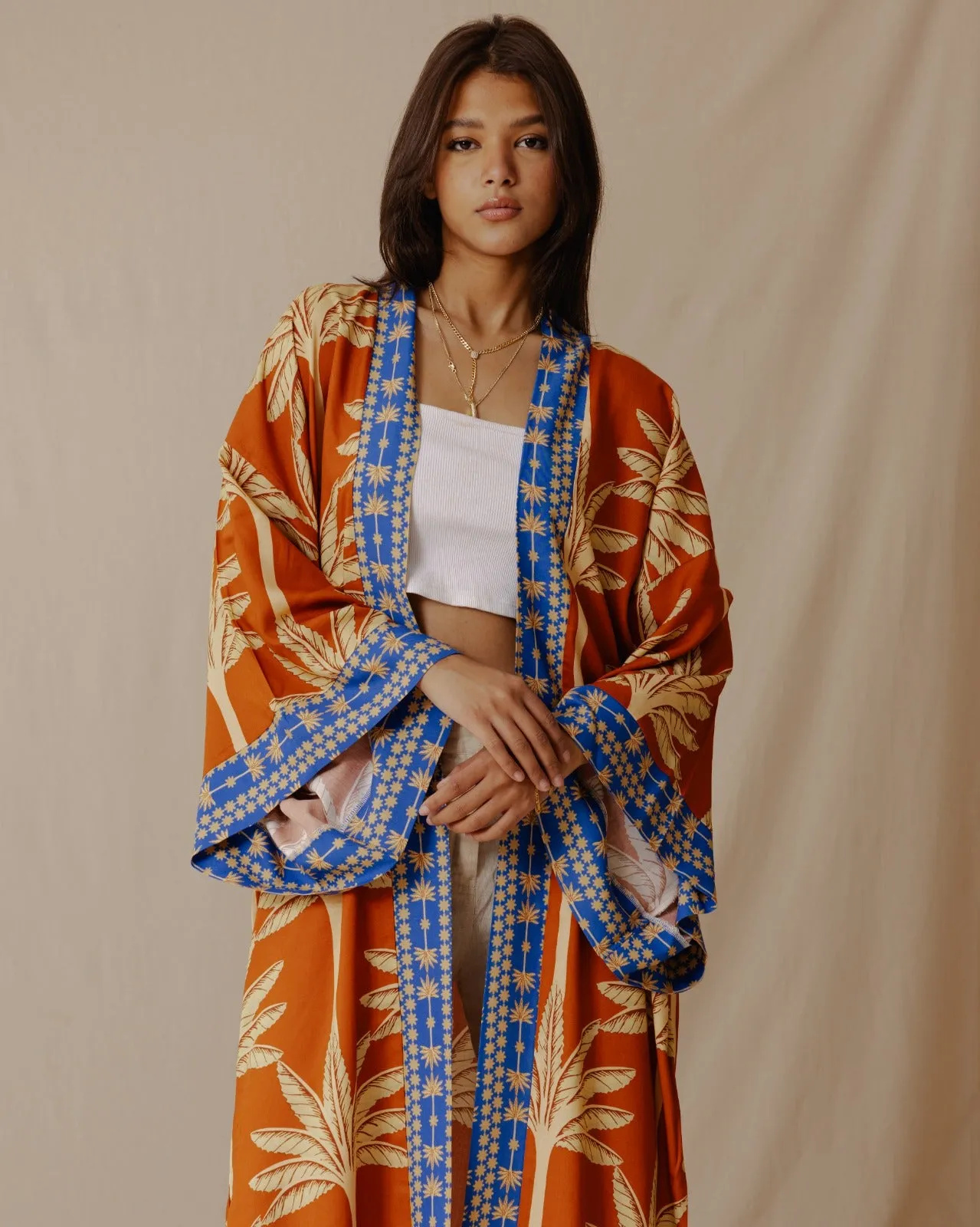 Palms Cotton Kimono Orange X Blue