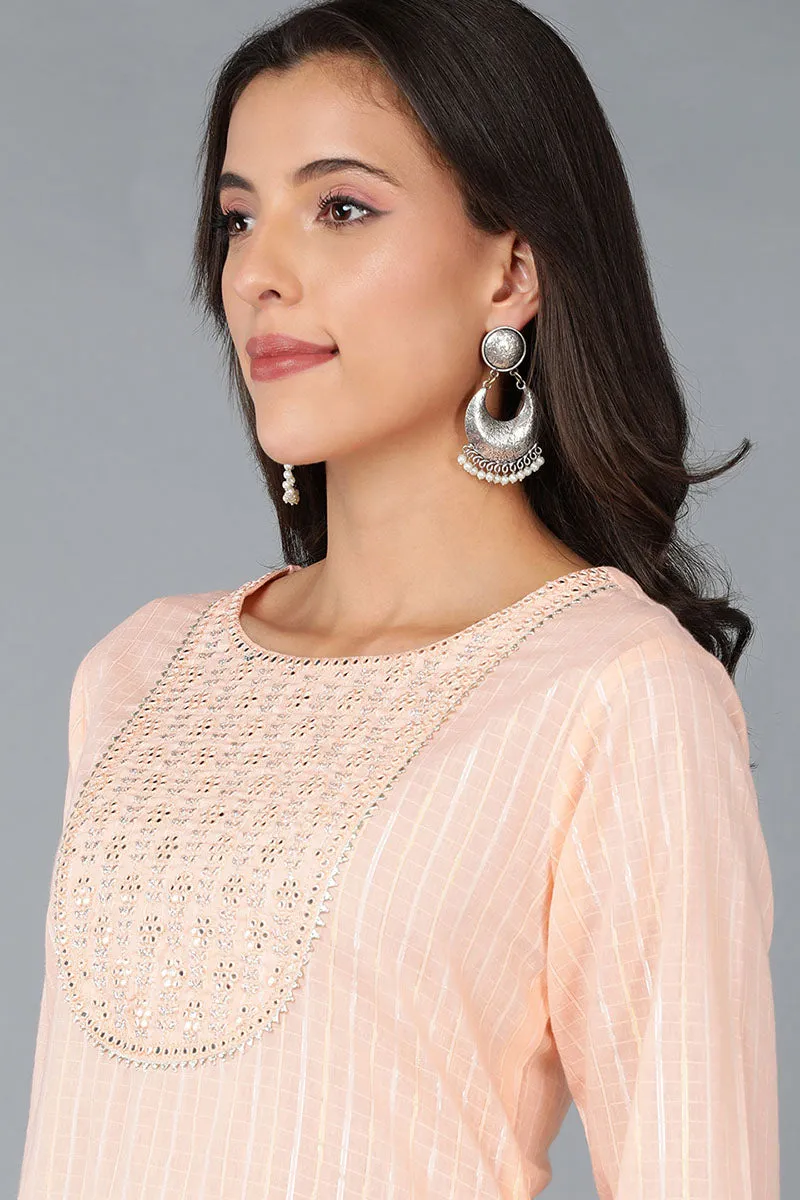 Peach Cotton striped Round Neck straight Kurta