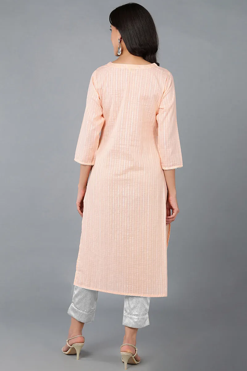 Peach Cotton striped Round Neck straight Kurta