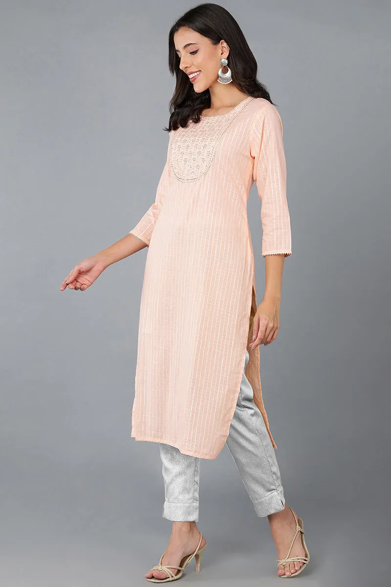 Peach Cotton striped Round Neck straight Kurta
