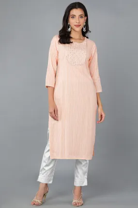 Peach Cotton striped Round Neck straight Kurta