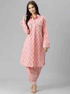 Pink Cotton Shirt Style Kurta Hem Cuffed Pant Co-Ord Set