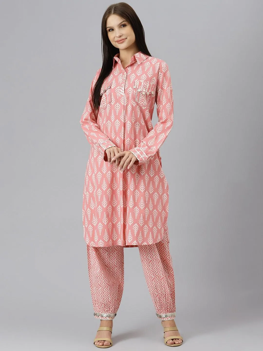 Pink Cotton Shirt Style Kurta Hem Cuffed Pant Co-Ord Set