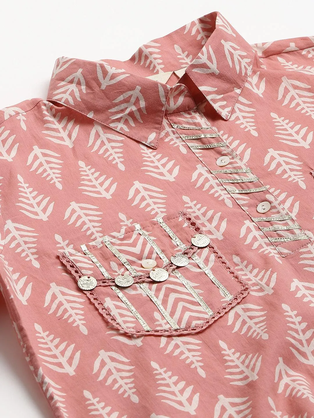 Pink Cotton Shirt Style Kurta Hem Cuffed Pant Co-Ord Set