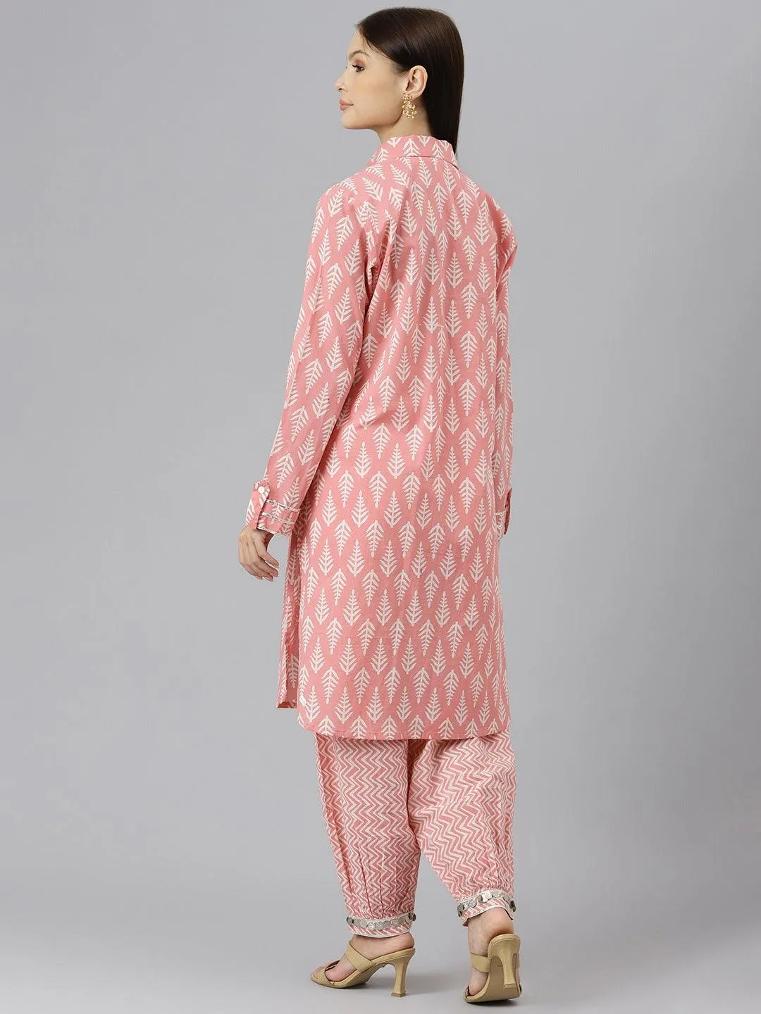 Pink Cotton Shirt Style Kurta Hem Cuffed Pant Co-Ord Set