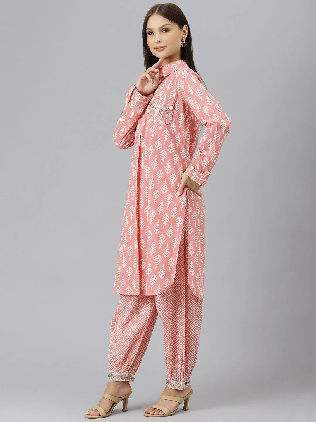 Pink Cotton Shirt Style Kurta Hem Cuffed Pant Co-Ord Set