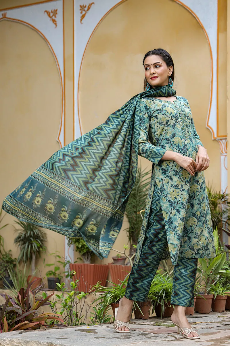 Rayon Blend Teal Ethnic Motifs Printed Straight Kurta Palazzo Dupatta Set