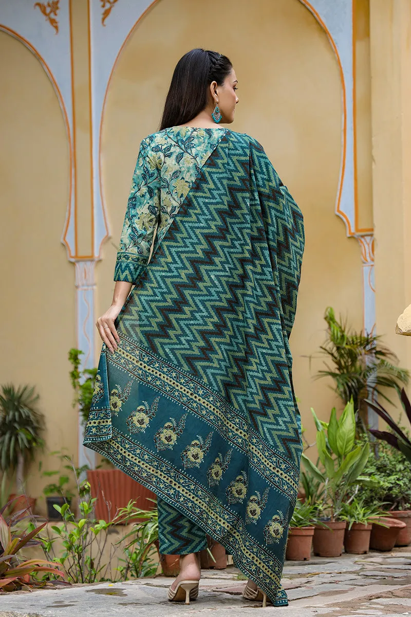 Rayon Blend Teal Ethnic Motifs Printed Straight Kurta Palazzo Dupatta Set