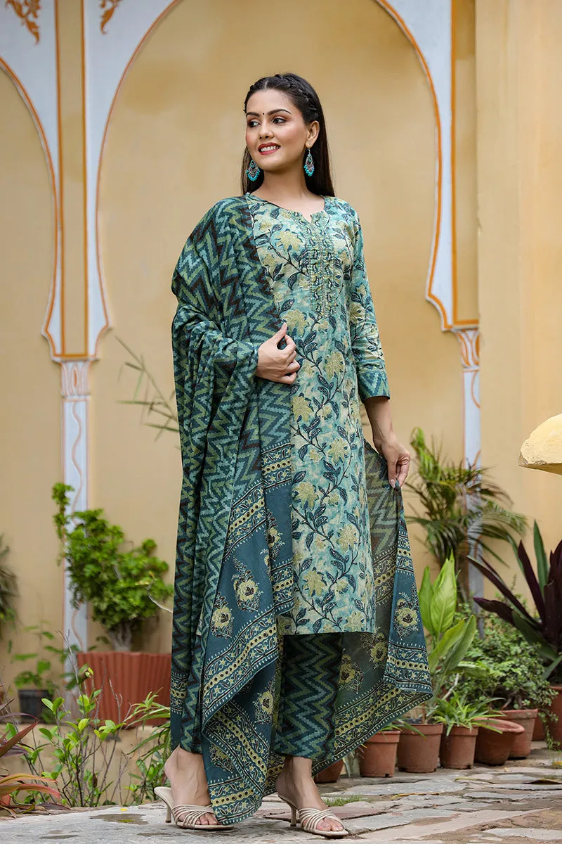 Rayon Blend Teal Ethnic Motifs Printed Straight Kurta Palazzo Dupatta Set