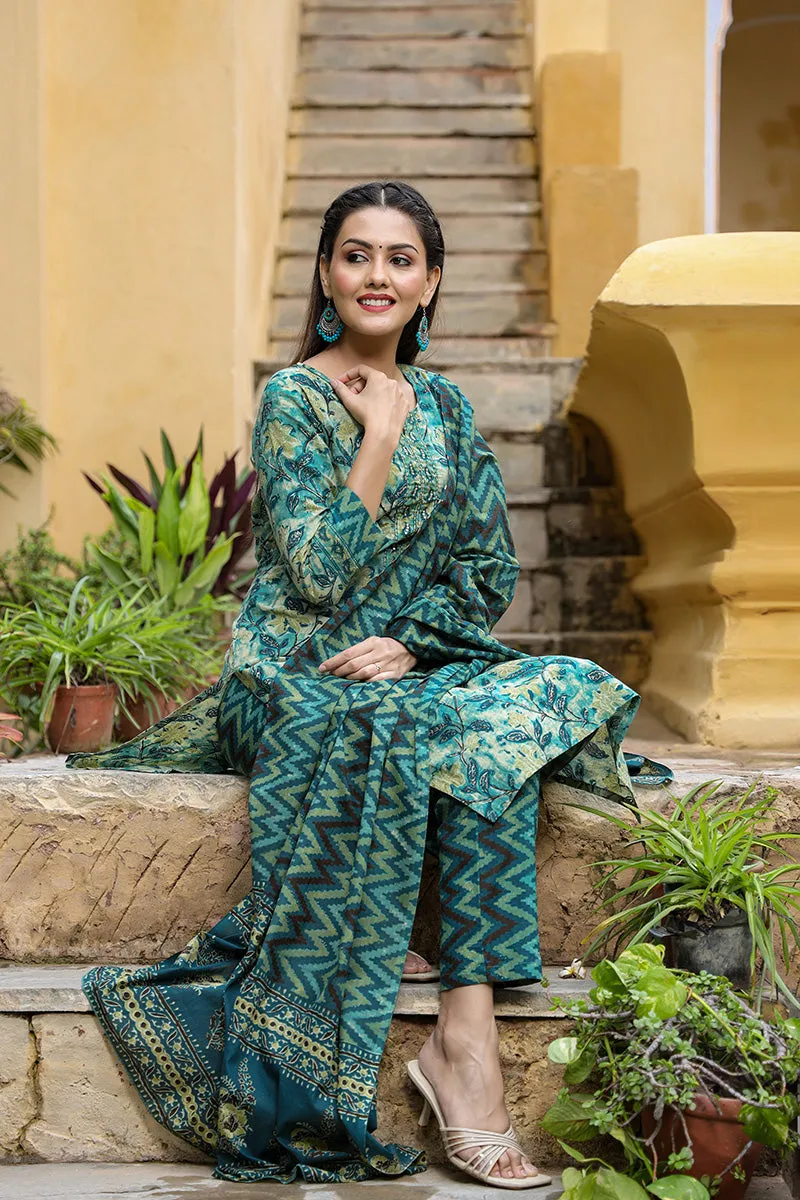 Rayon Blend Teal Ethnic Motifs Printed Straight Kurta Palazzo Dupatta Set