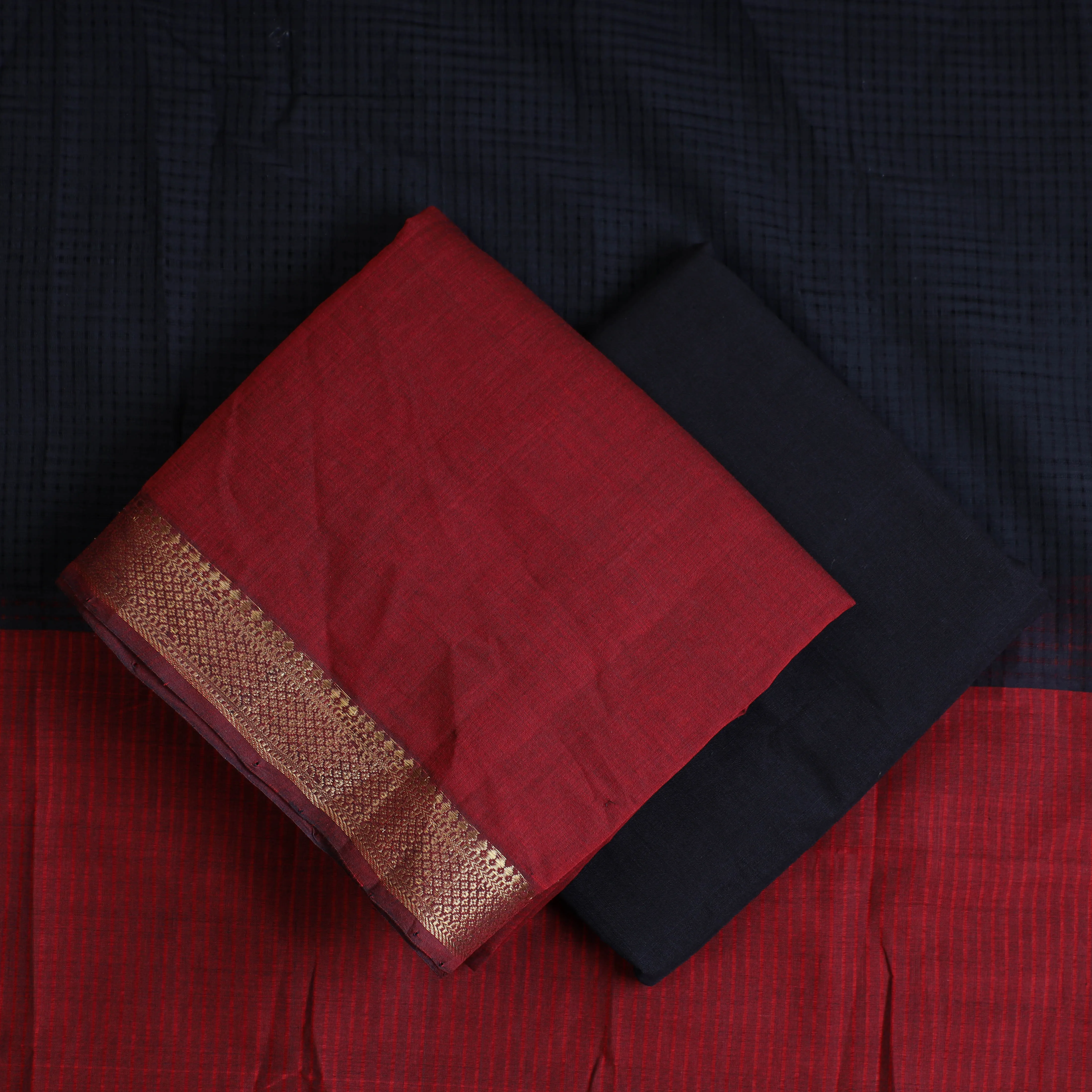 Red - 3pc Handloom Cotton Mangalagiri Dress Material 02