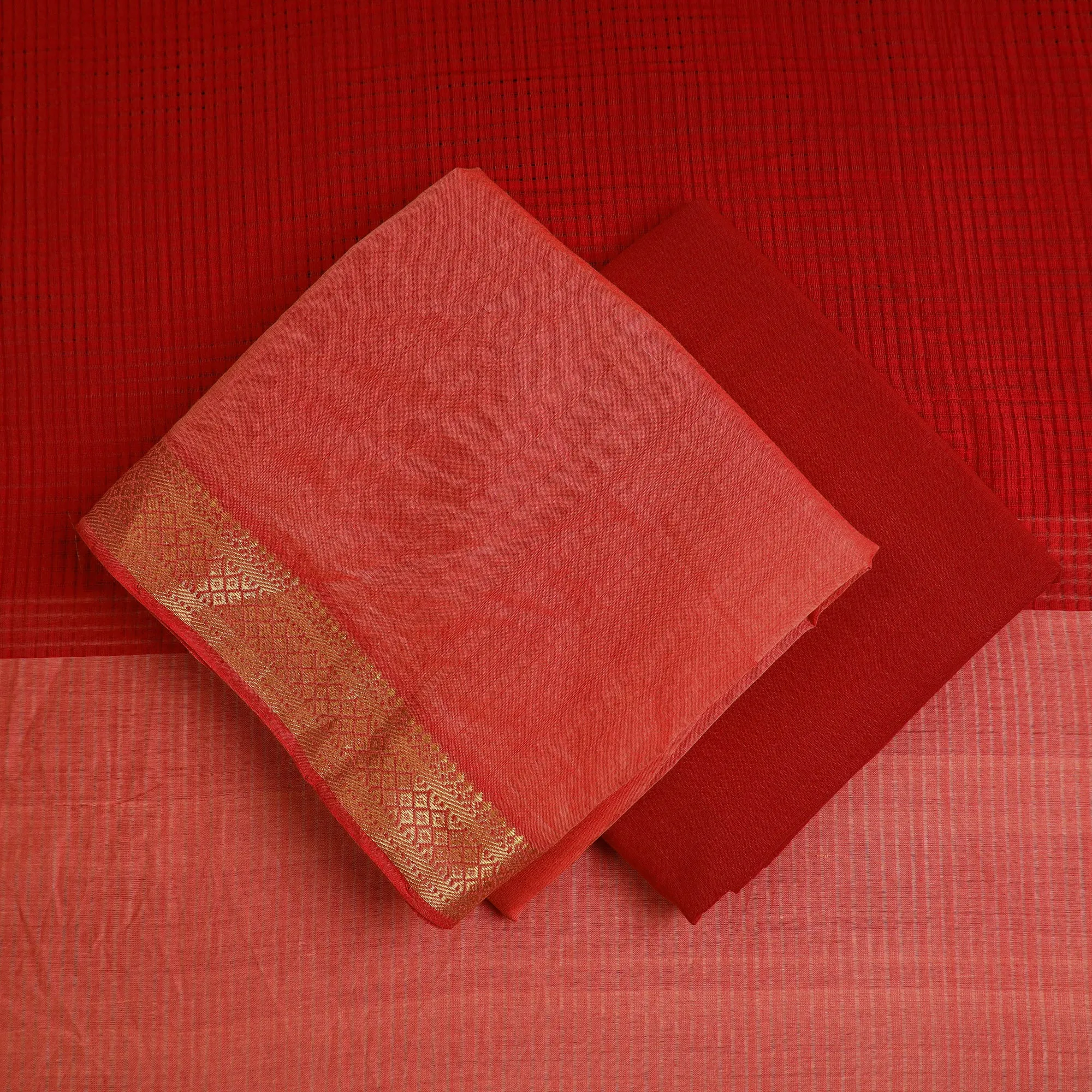 Red - 3pc Handloom Cotton Mangalagiri Dress Material 06