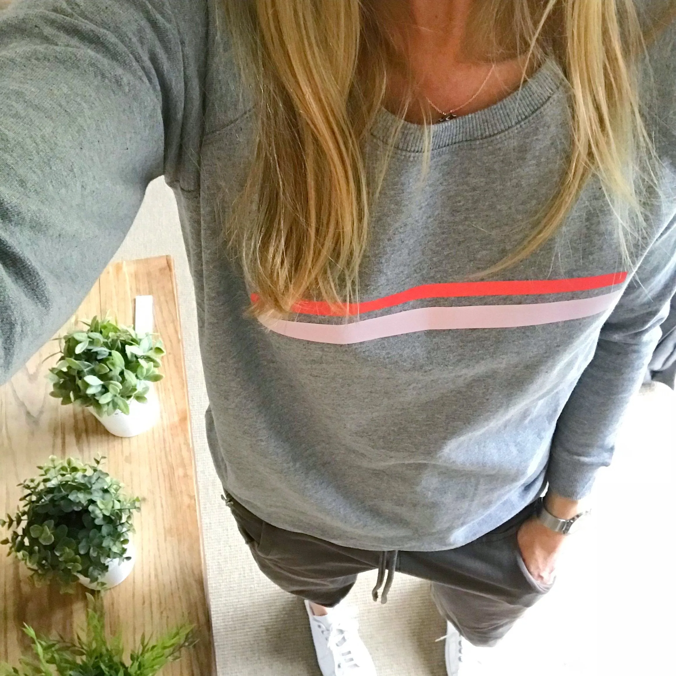 Red & pink striped light grey sweatshirt
