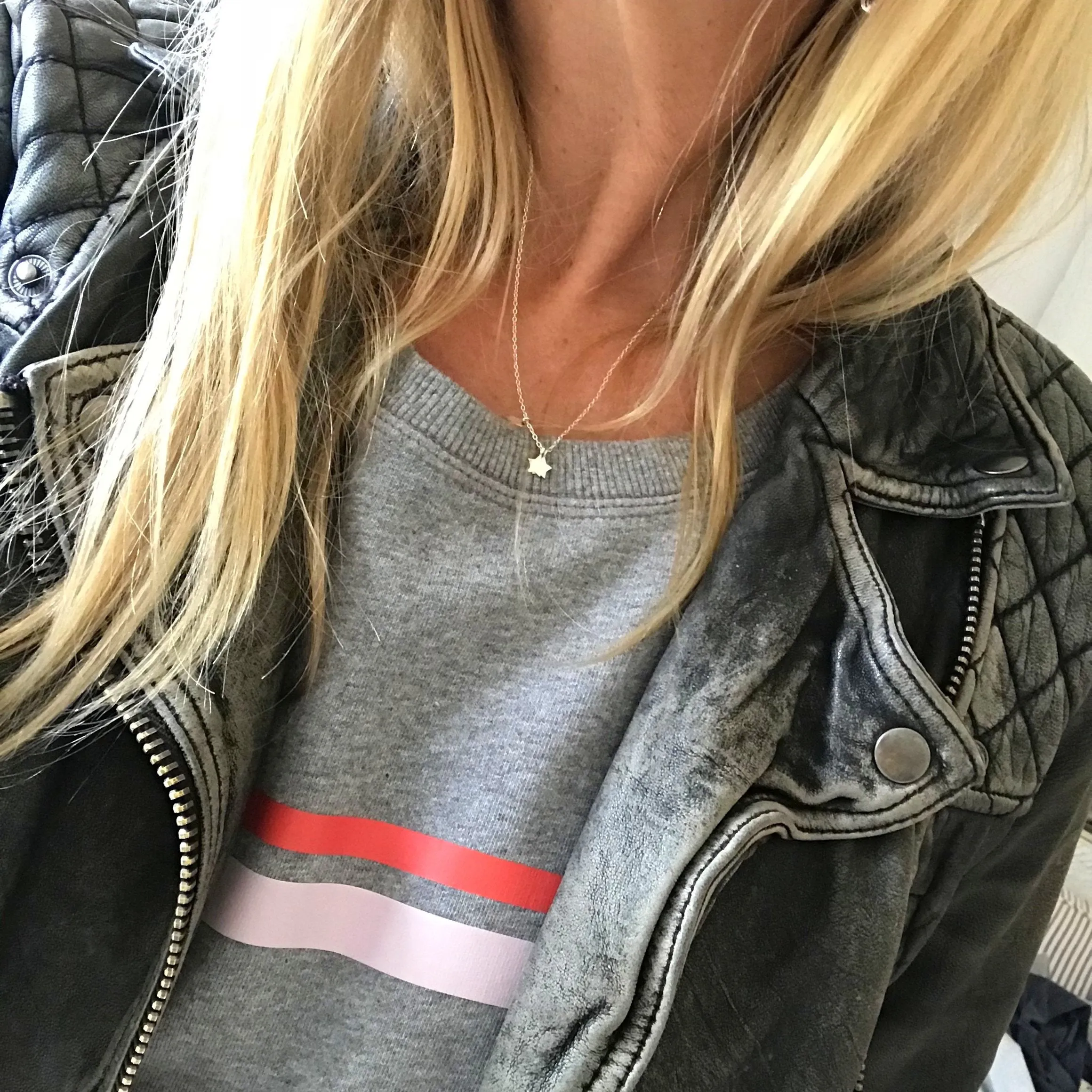 Red & pink striped light grey sweatshirt