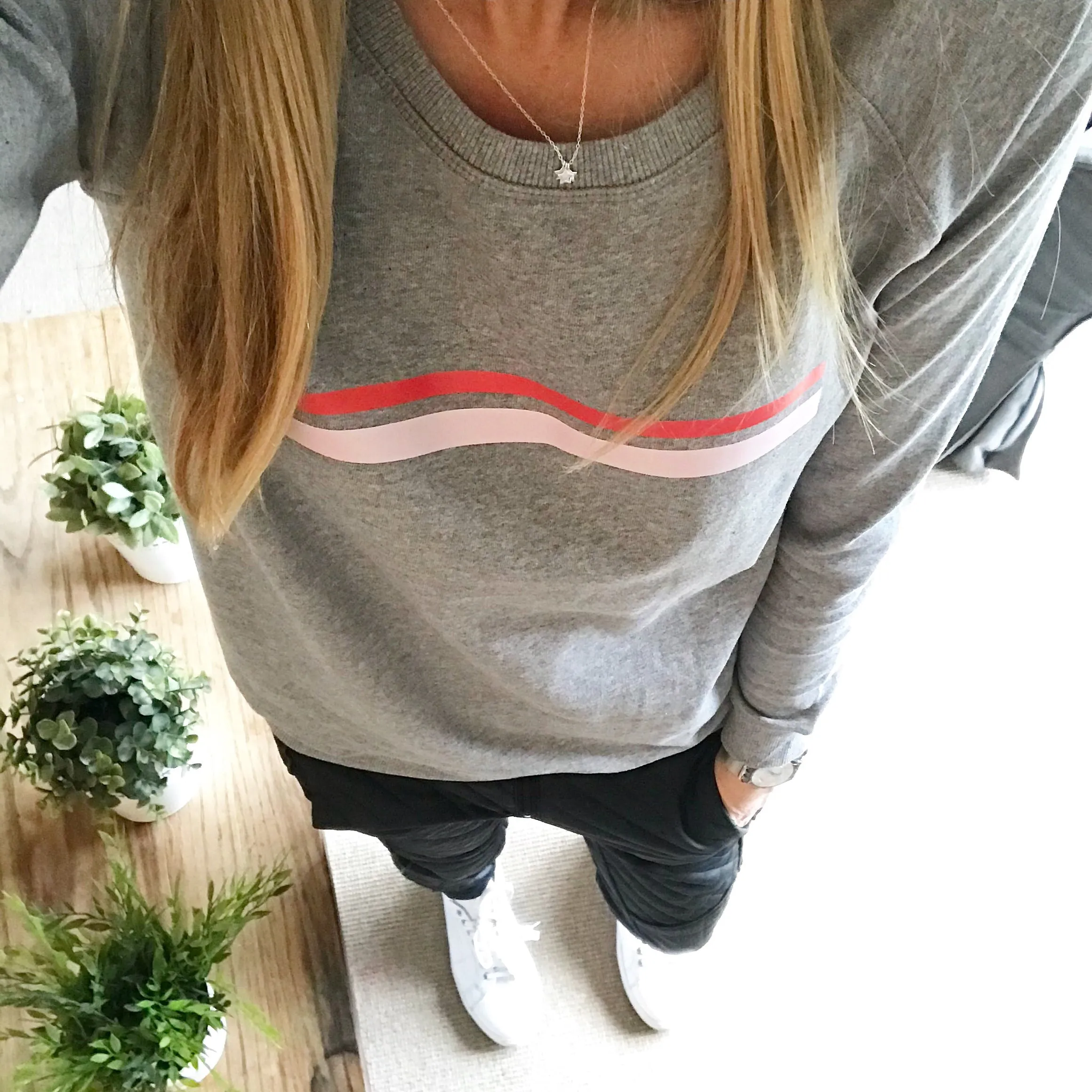 Red & pink striped light grey sweatshirt