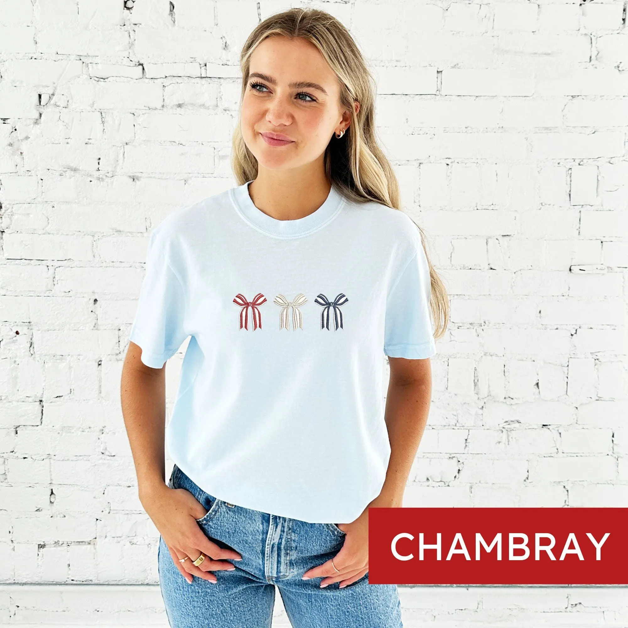Red, White & Blue Embroidered Bows Comfort Colors T-Shirt