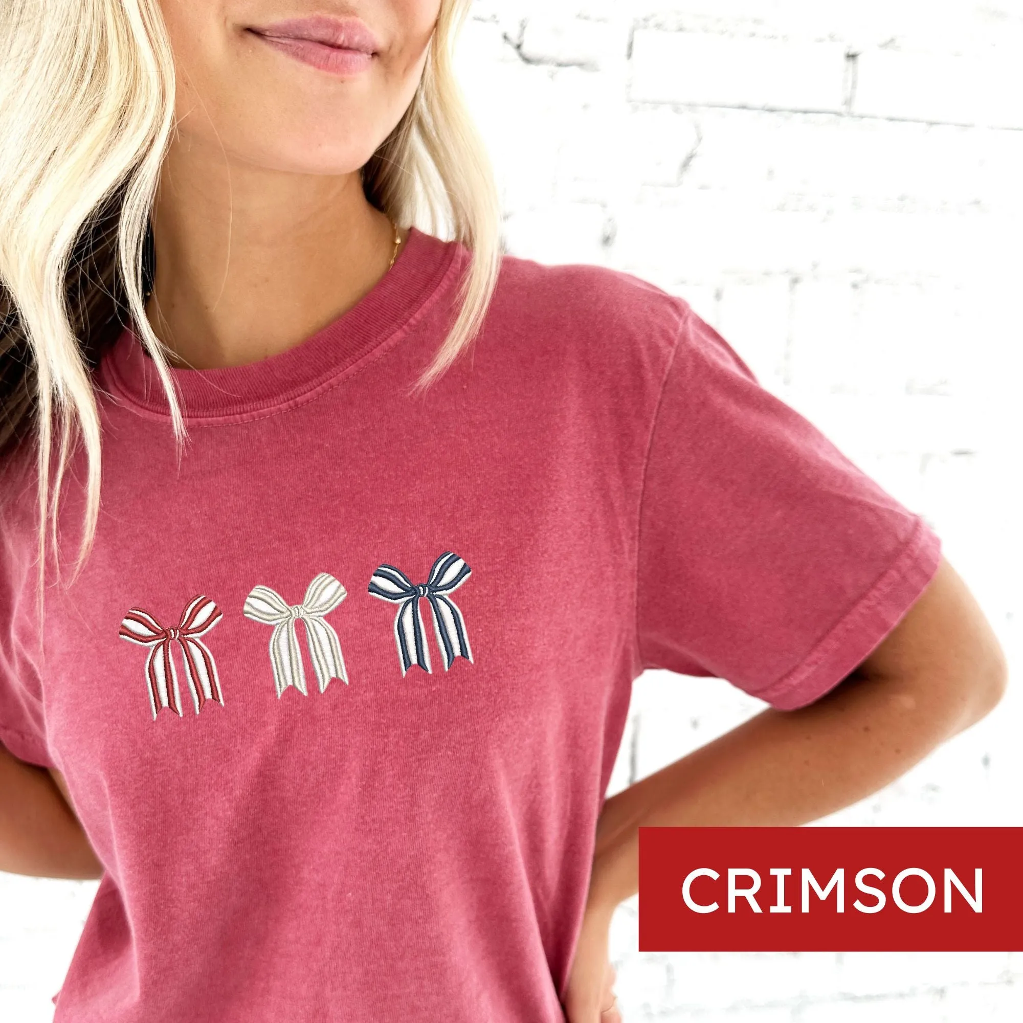 Red, White & Blue Embroidered Bows Comfort Colors T-Shirt