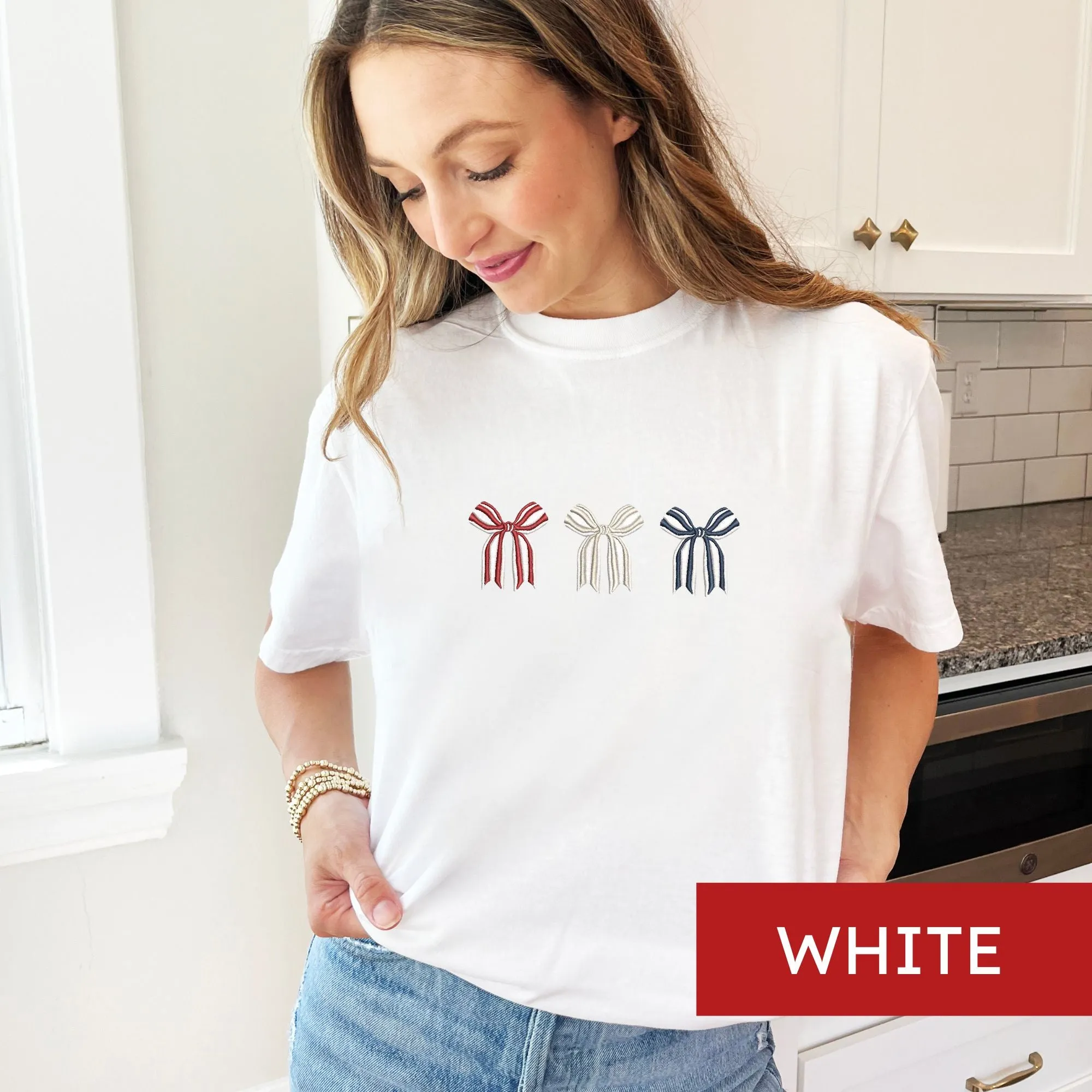 Red, White & Blue Embroidered Bows Comfort Colors T-Shirt