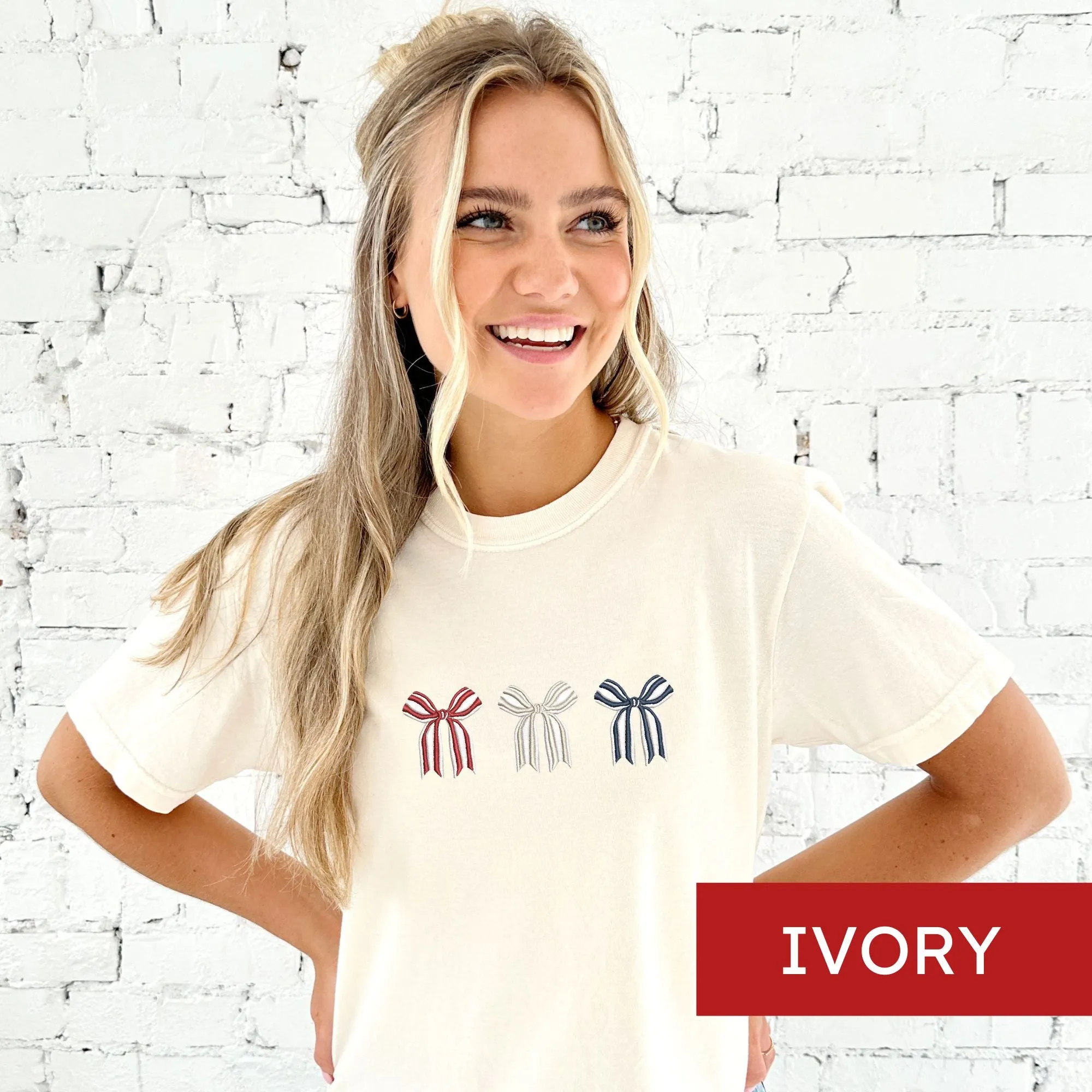 Red, White & Blue Embroidered Bows Comfort Colors T-Shirt