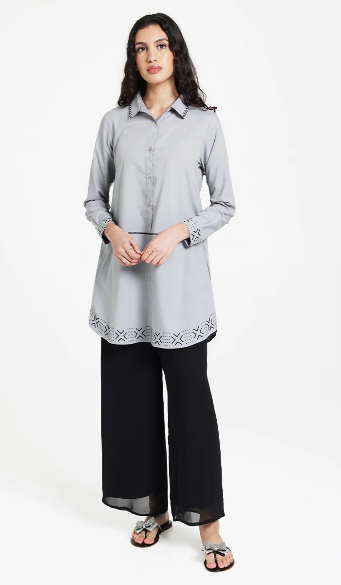 Sahara Embroidered Cotton feel Modest Button-down Tunic - Pearl - PREORDER (ships in 2 weeks)