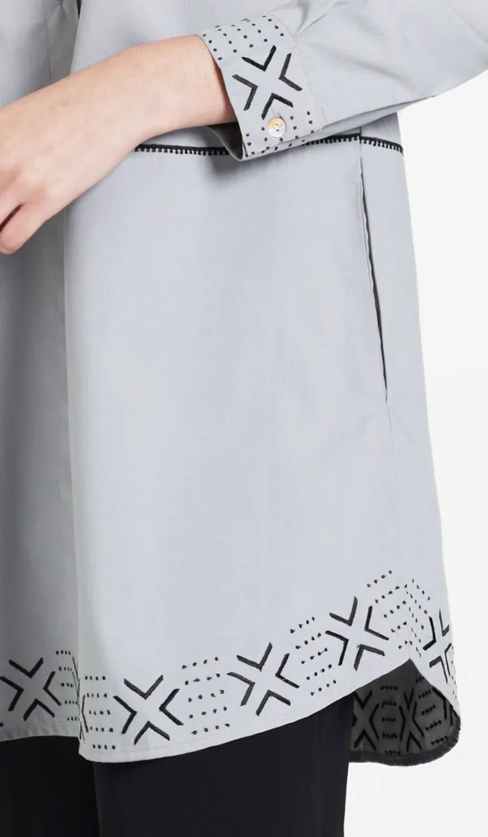 Sahara Embroidered Cotton feel Modest Button-down Tunic - Pearl - PREORDER (ships in 2 weeks)