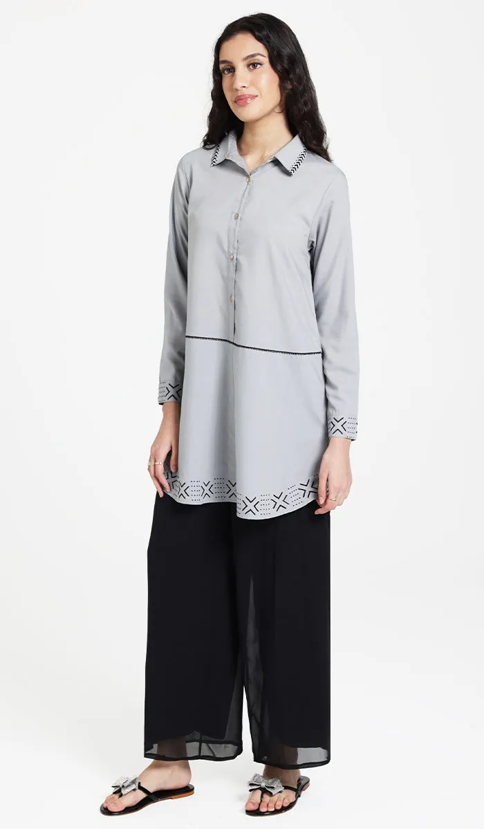 Sahara Embroidered Cotton feel Modest Button-down Tunic - Pearl - PREORDER (ships in 2 weeks)