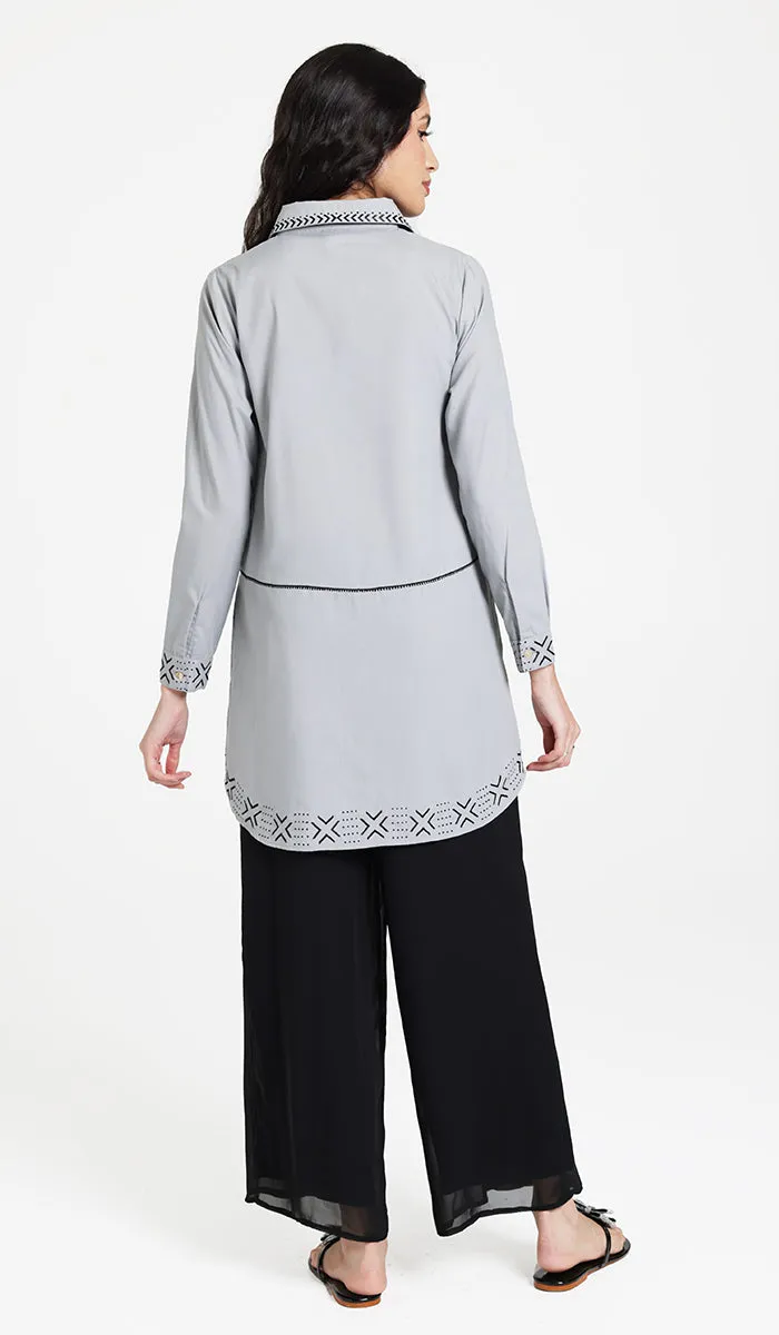 Sahara Embroidered Cotton feel Modest Button-down Tunic - Pearl - PREORDER (ships in 2 weeks)