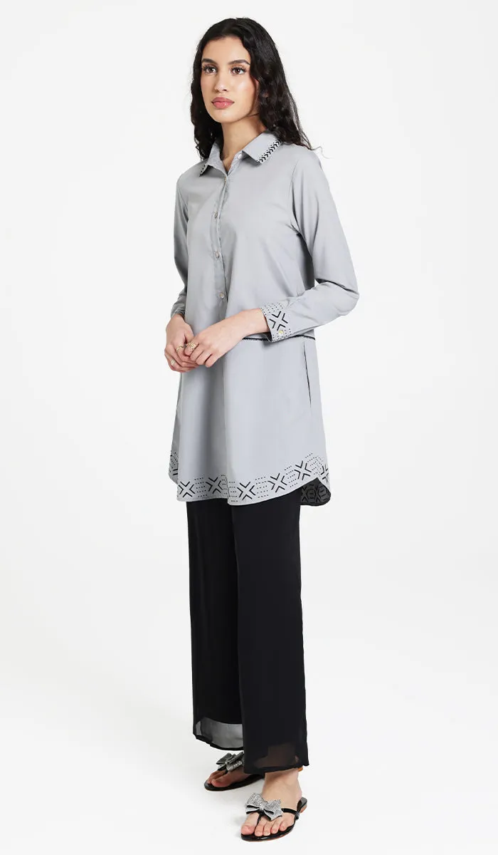 Sahara Embroidered Cotton feel Modest Button-down Tunic - Pearl - PREORDER (ships in 2 weeks)