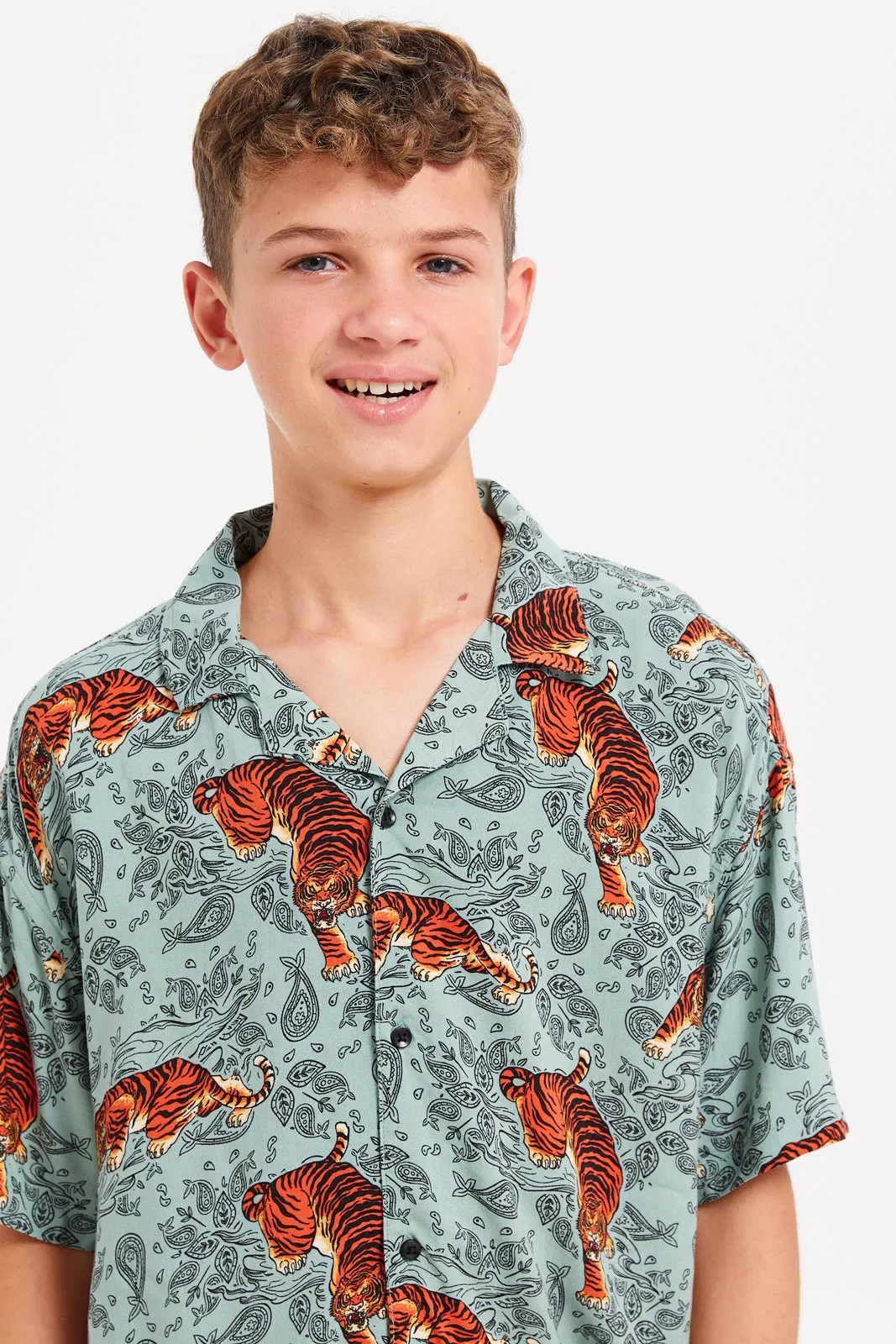 Senior Boys Teal Tiger Print Oversize Casual Shirt