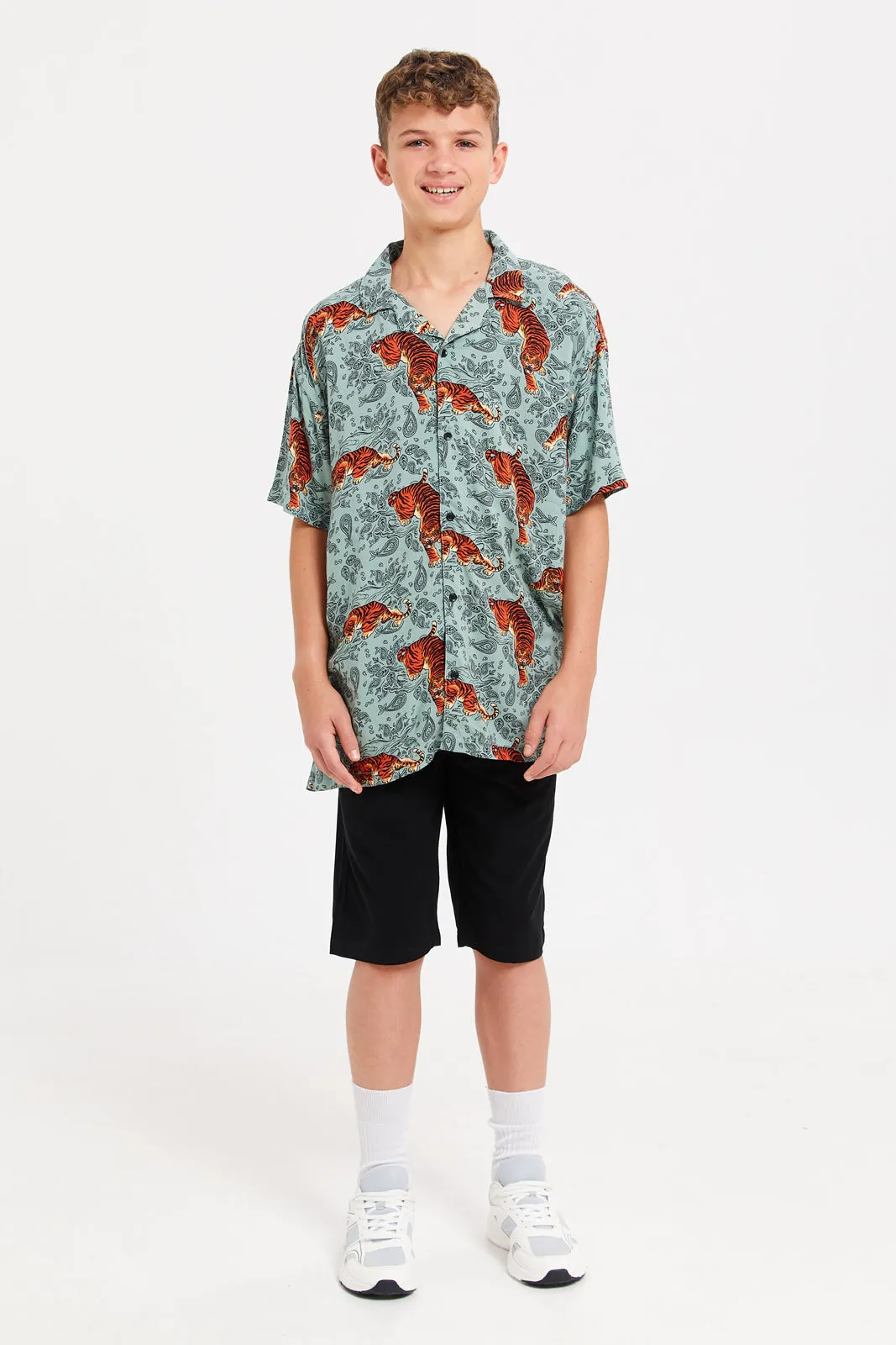 Senior Boys Teal Tiger Print Oversize Casual Shirt
