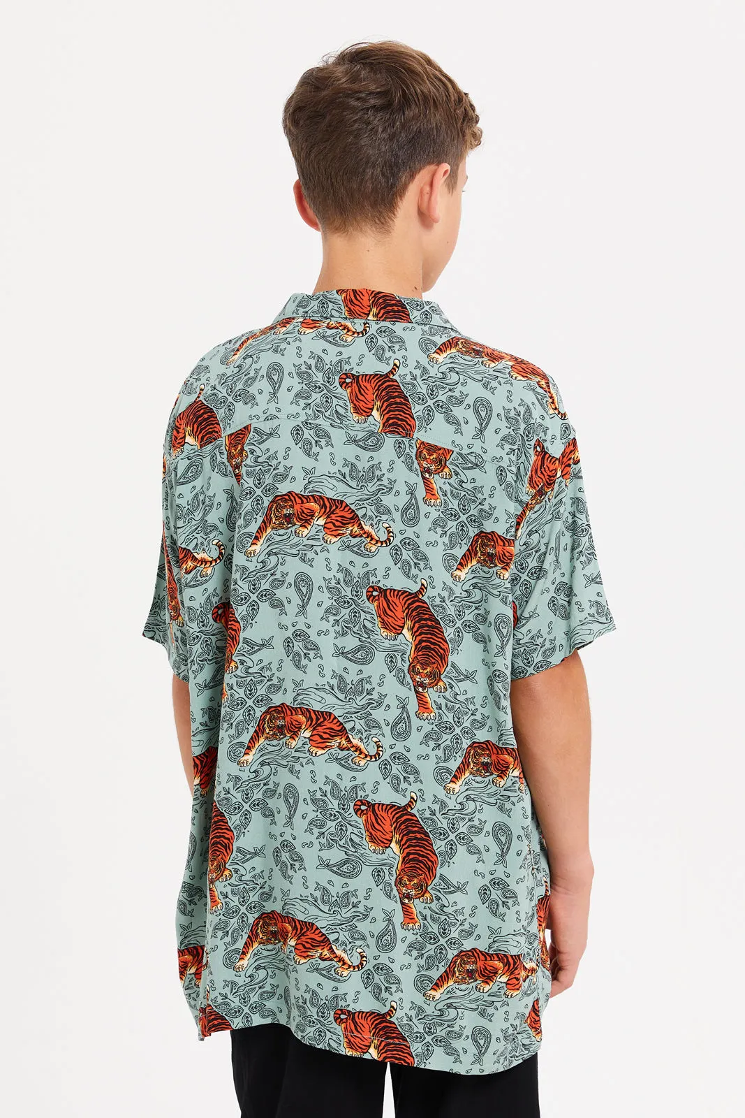 Senior Boys Teal Tiger Print Oversize Casual Shirt
