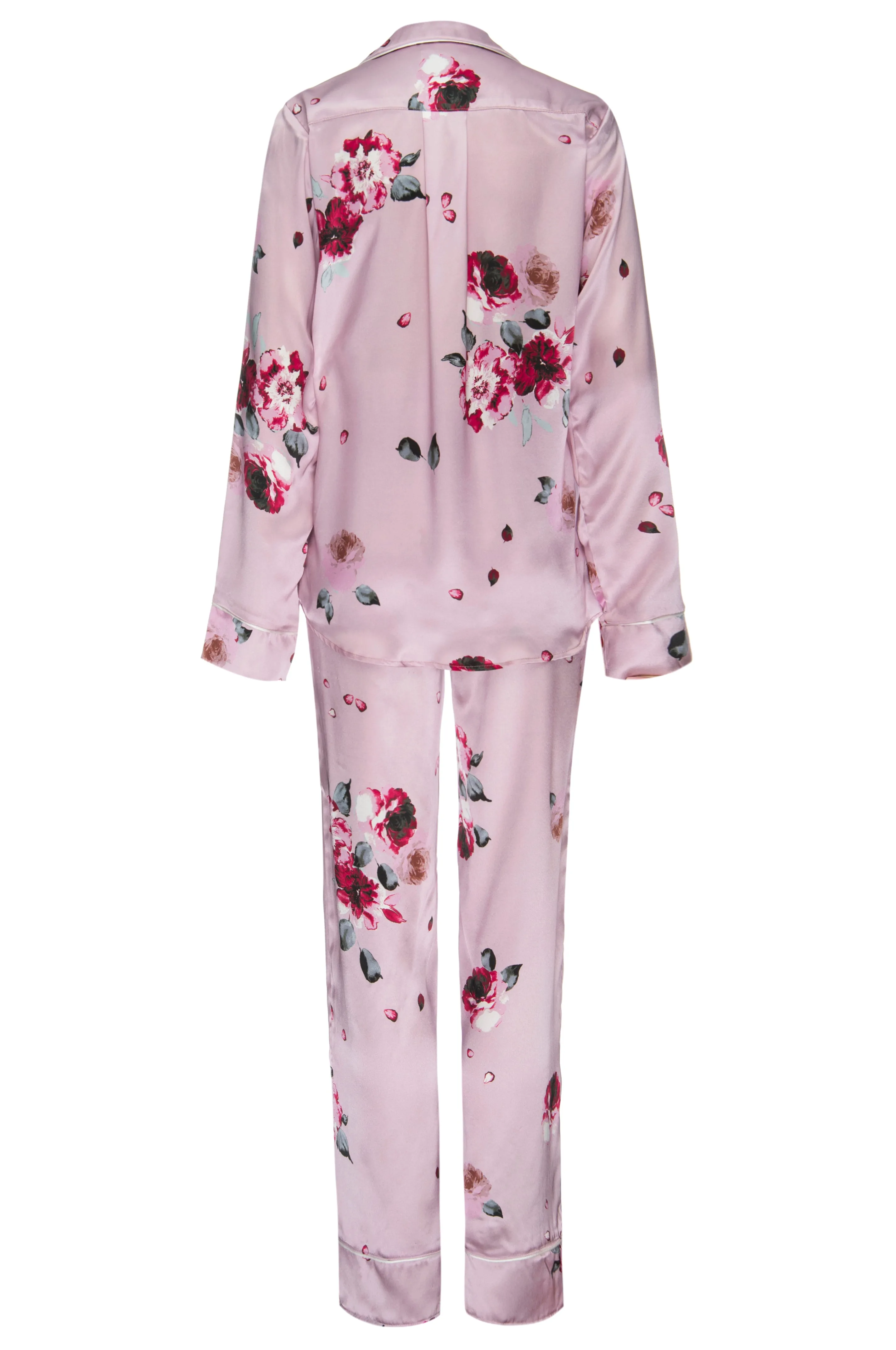 Silk Charmeuse Long Sleeved PJ Top   Pant Set: Blush and Crimson Rose Print